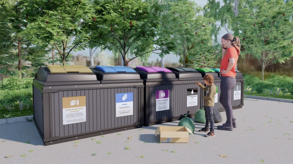 Kuvassa aikuinen ja lapsi tuovat keräsysastioihin lajittelemiaan jätteitä.
