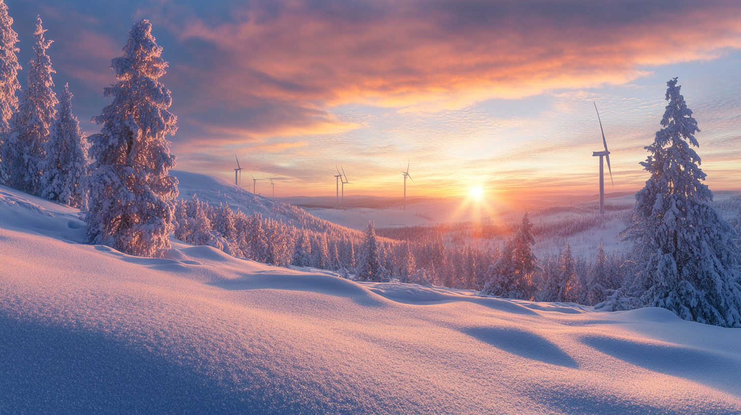Tekoälyllä luotu kuva talvisesta maisemasta, jossa on tuulimyllyjä