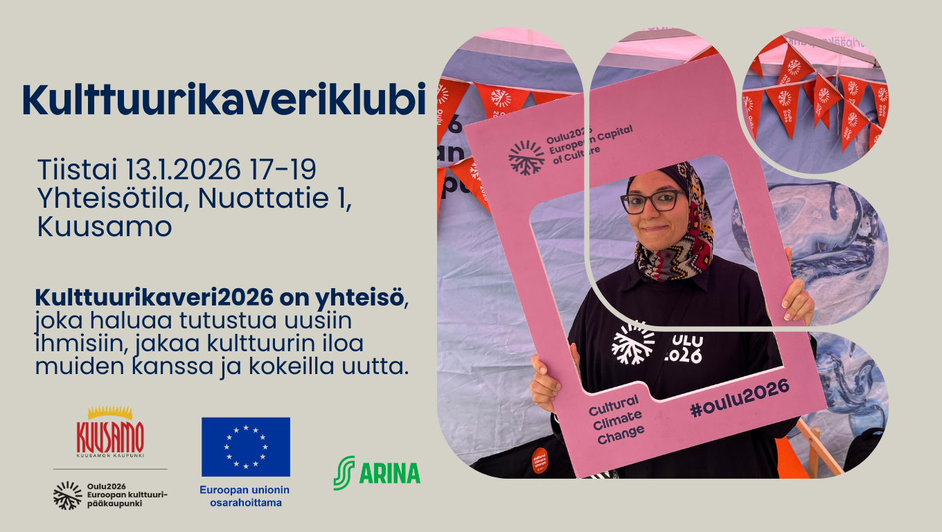 Mainoskuva, jossa kerrotaan samoja Kulttuurikaveriklubin tietoja mitä tekstisisällössä. Lisäksi kuva huivipäisestä naisesta, joka pitää Oulu2026 kehystä kasvojen ympärillä.