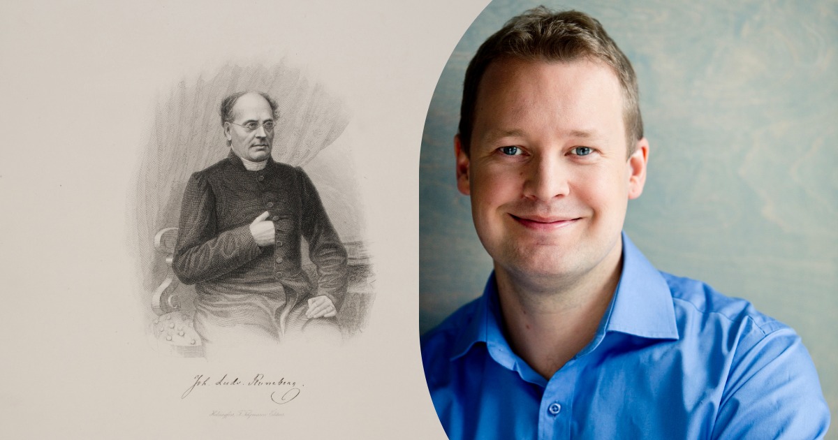 Kaksi kuvaa rinnakkaine, piirretty kuva Johan Ludvig Runebergistä sekä kuusamolaisen opettaja Petri Vartiaisen kuva.