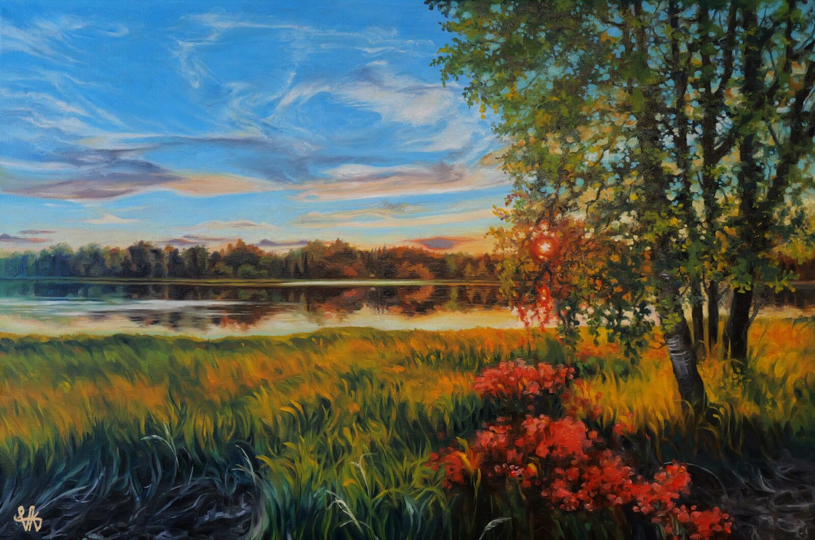 Kuvassa ruskainen maisema, etualalla heinää ja taustalla vesistö.