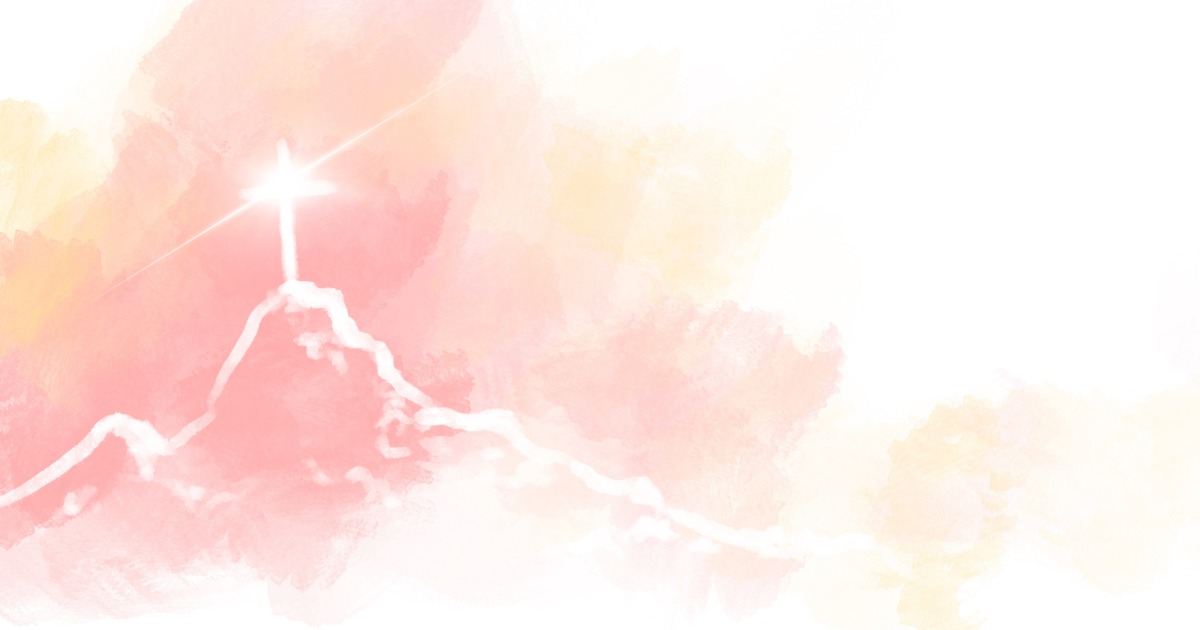 Vaalenapunasävyinen kuva, jossa ristin hohtaa valkoisena kukkulalla.