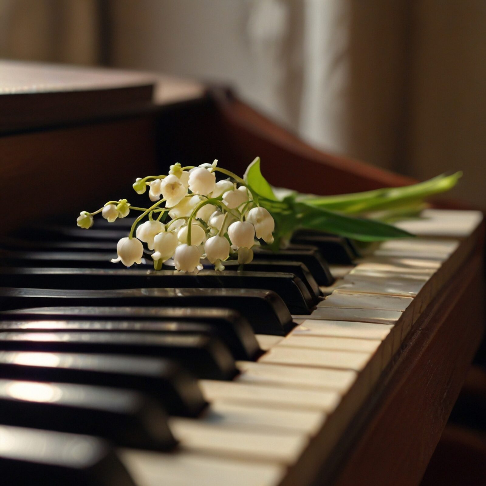 Kuvassa kielokimppu pianon koskettimien päällä.