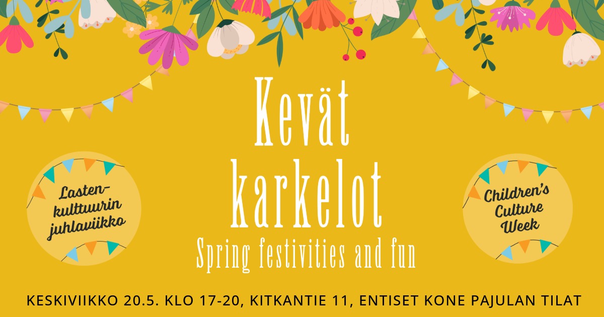 Keltainen ja kukikas mainoskuva, jossa tapahtuman tiedot.