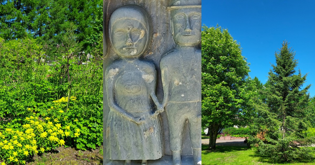 Kuvassa sukupuupuiston puita ja patsas.