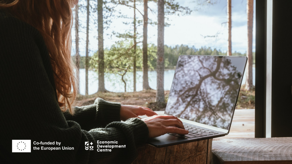 Picture of a woman writing on a laptop with arctic lake on the background. Competence 360 is co-funded by European Union and the Economic Development Centre (EDC).